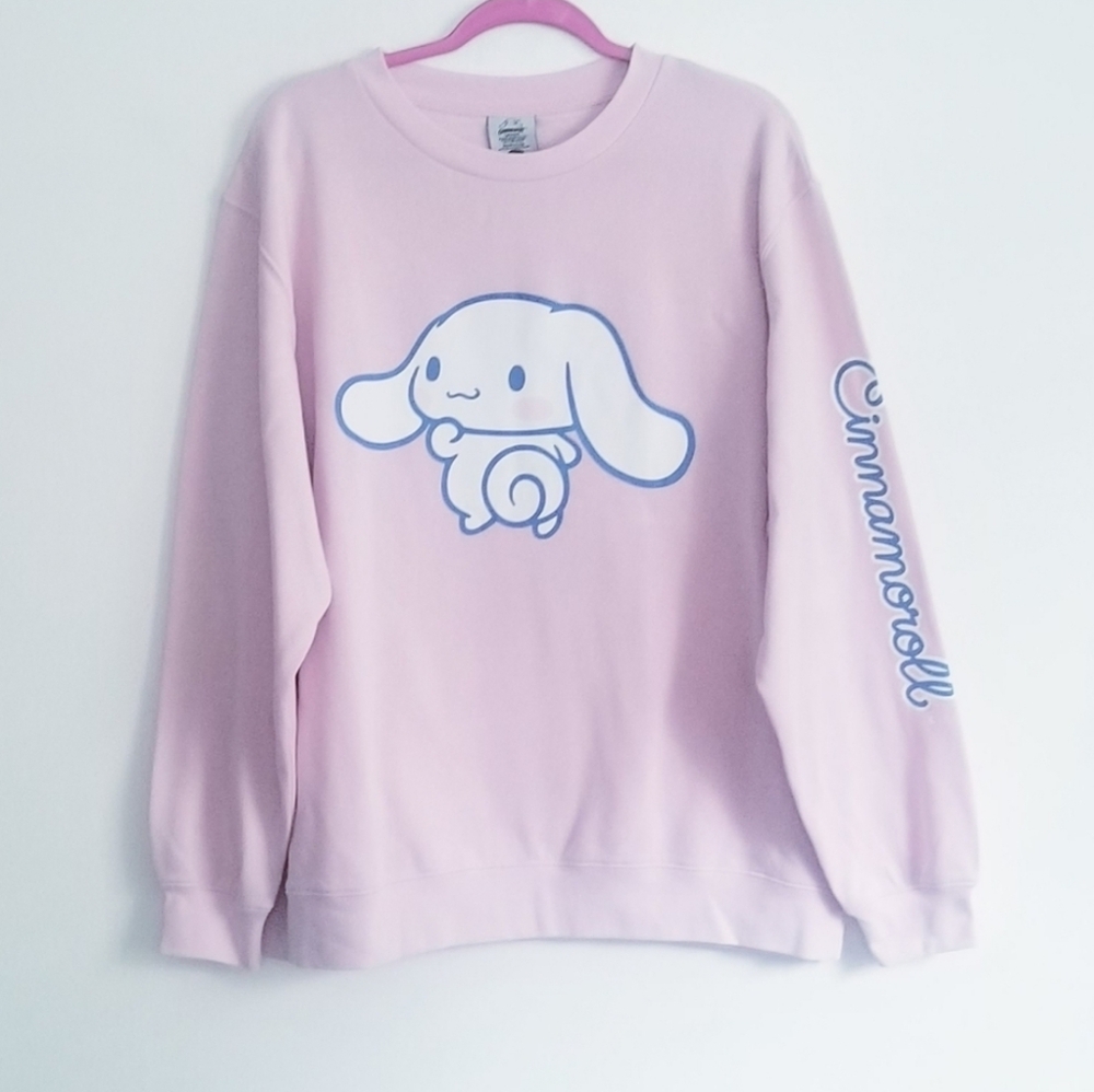 NEW Cinnnamoroll Sanrio Graphic Print Pink Fleece Lined Crewneck Sweatshirt NWOT